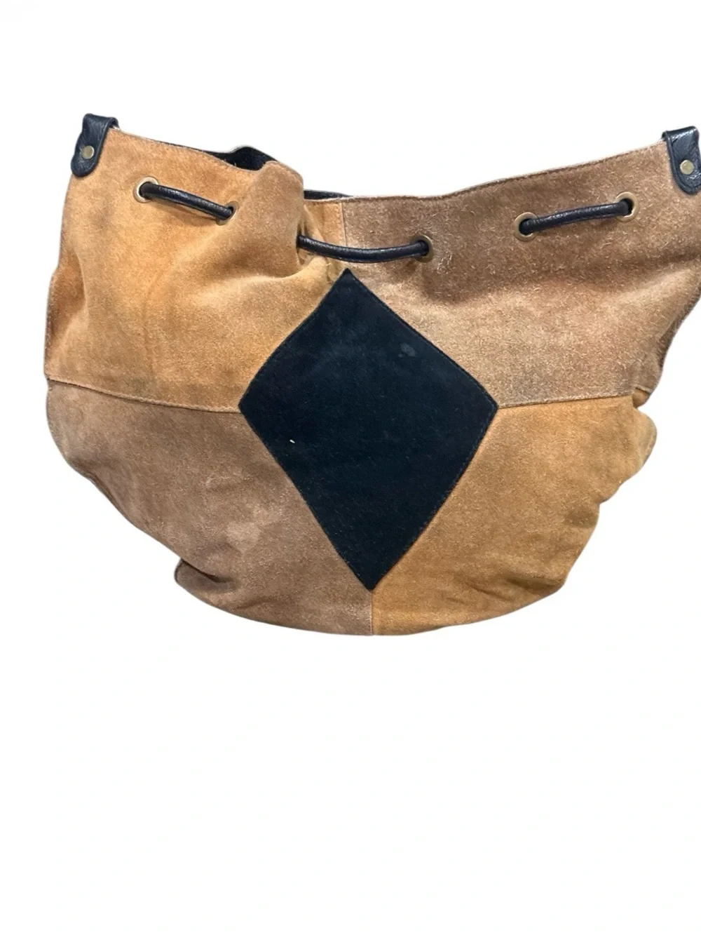 Free People Suede Patchwork Drawstring Hobo Bag Tan Black Boho